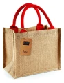 Mała torba jutowa Mini Gift Bag z naturalnej juty — eko opakowanie prezentowe do nadruku logo czerwona rączka.webp