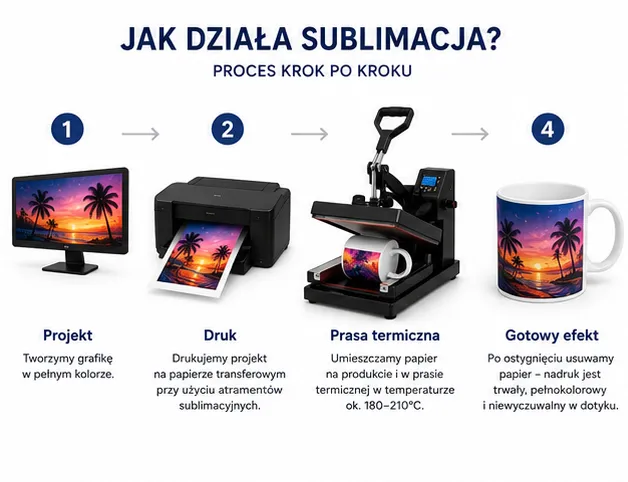 Jak działa sublimacja — proces druku sublimacyjnego krok po kroku: projekt, druk, prasa termiczna, gotowy nadruk