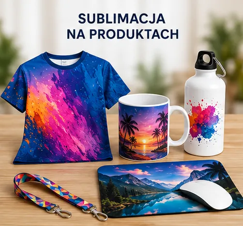 Sublimacja na produktach reklamowych — koszulka, kubek, bidon, podkładka pod mysz i smycz z pełnokolorowym nadrukiem