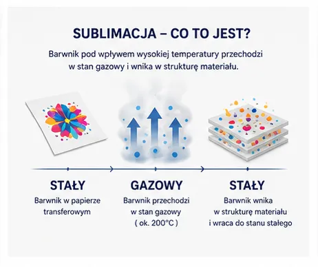 Sublimacja co to jest — schemat przejścia barwnika ze stanu stałego przez gazowy w strukturę materiału