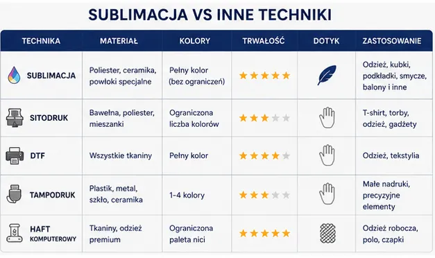 Porównanie technik nadruku — sublimacja vs sitodruk, DTF, tampodruk i haft komputerowy: materiały, kolory, trwałość